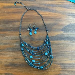 Antique Bronze/Teal Tiered Beaded Necklace & Matching Pierced Earrings
